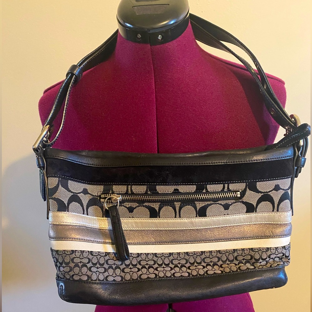 Coach Black & Silver Striped Signature Collection Crossbody Bag